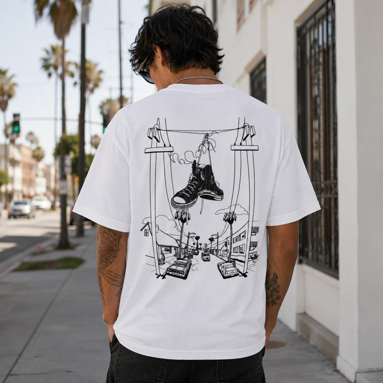 Street Fashion Online - T-shirt Sneakers on Power Lines Urban